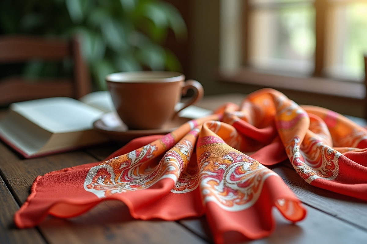 Foulard en soie sur une table en bois avec livre et tasse