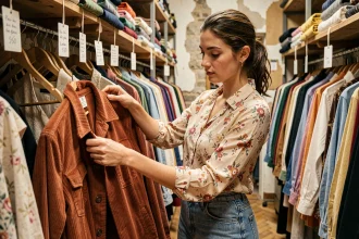 Jeune femme qui cherche des vêtements vintage dans une friperie parisienne du Marais, entourée de portants colorés et d'étiquettes manuscrites