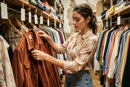 Jeune femme qui cherche des vêtements vintage dans une friperie parisienne du Marais, entourée de portants colorés et d'étiquettes manuscrites