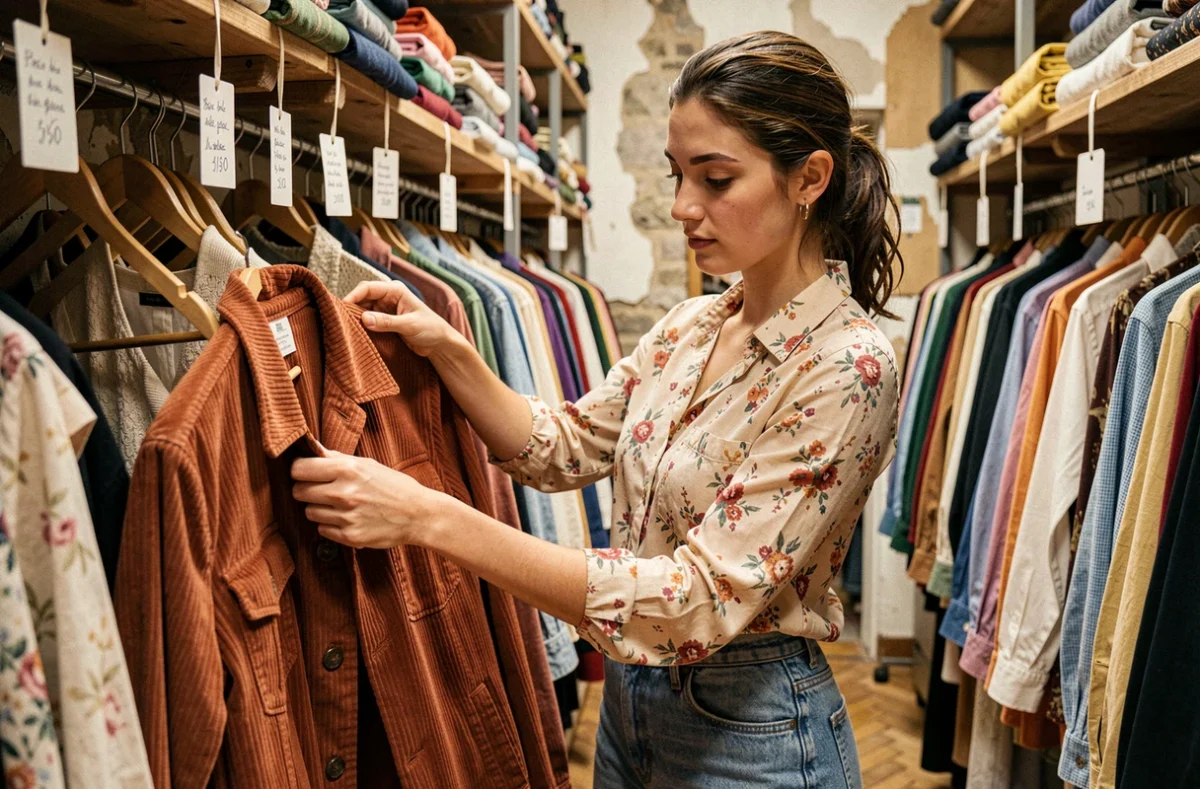 Jeune femme qui cherche des vêtements vintage dans une friperie parisienne du Marais, entourée de portants colorés et d'étiquettes manuscrites