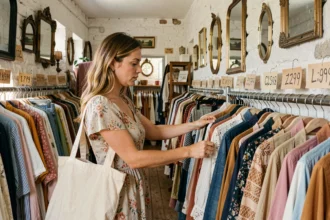 Femme qui fait du shopping dans une friperie provençale du Vaucluse avec des vêtements vintage colorés sur des portants en bois