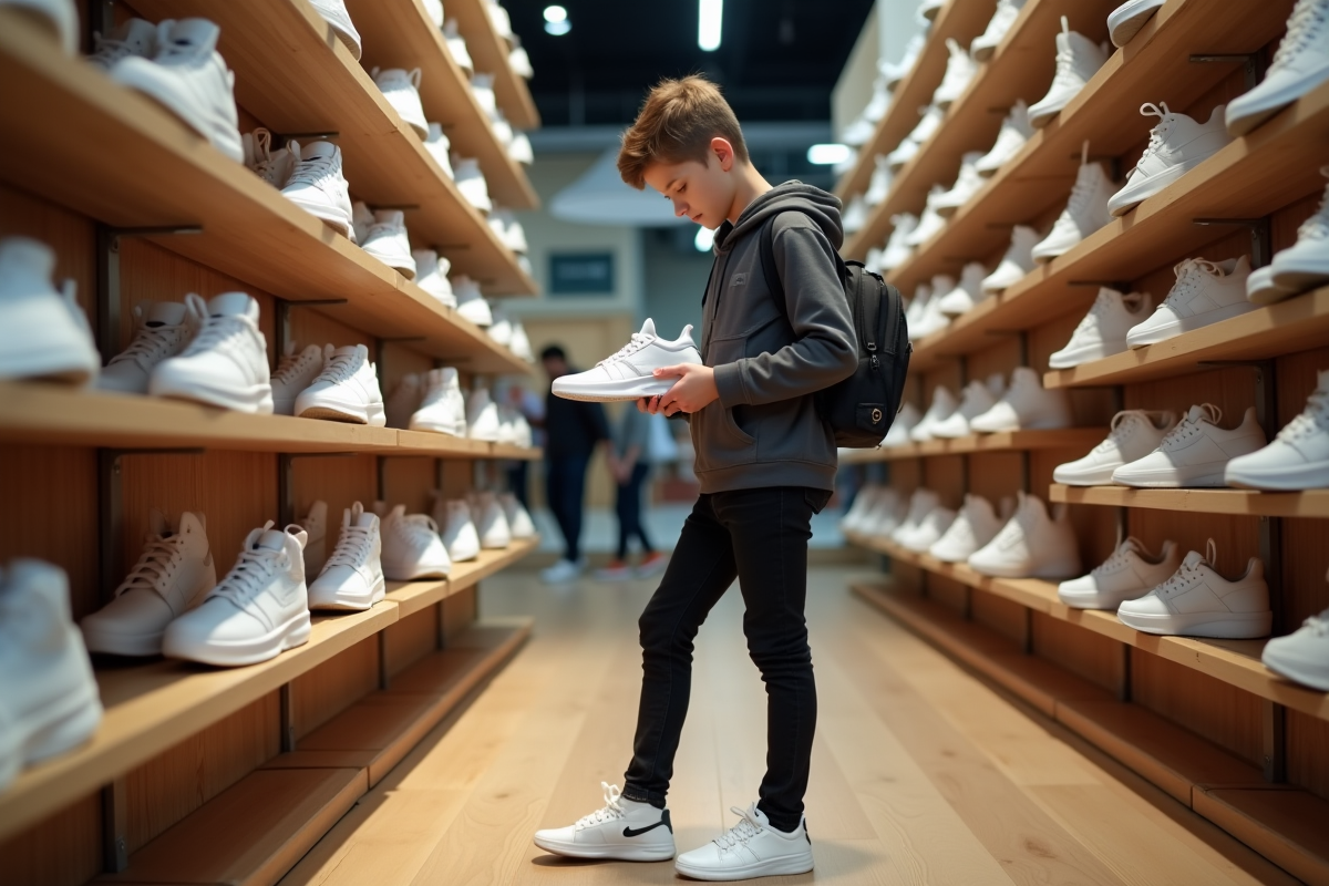 Garçon regardant des sneakers dans une boutique moderne