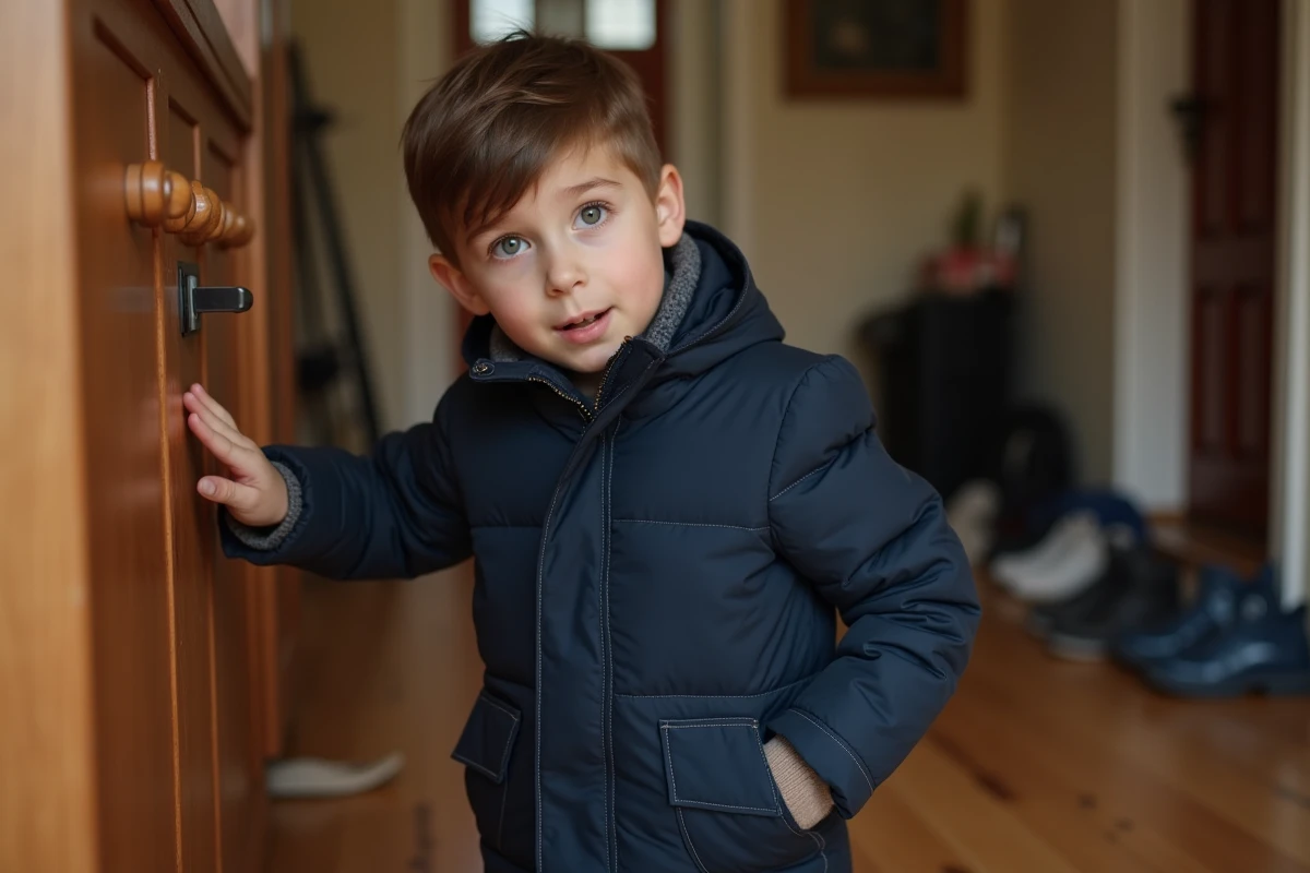 Jeune garçon dans un manteau d'hiver dans un couloir chaleureux