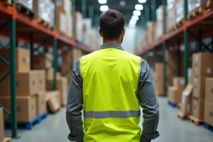 Ouvrier logistique portant un gilet jaune personnalisé avec logo d'entreprise dans un entrepôt moderne