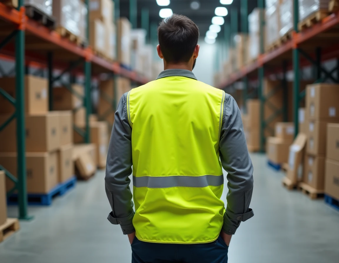 Ouvrier logistique portant un gilet jaune personnalisé avec logo d'entreprise dans un entrepôt moderne