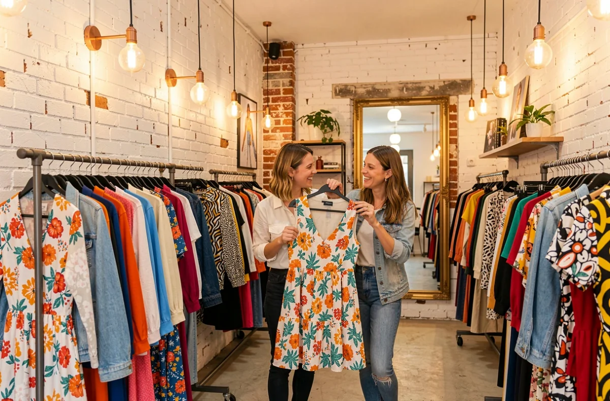 Boutique Gossip à Avignon avec murs en brique blanchis, portants industriels chargés de robes imprimées et vestes en jean, et deux clientes riant ensemble en feuilletant les collections