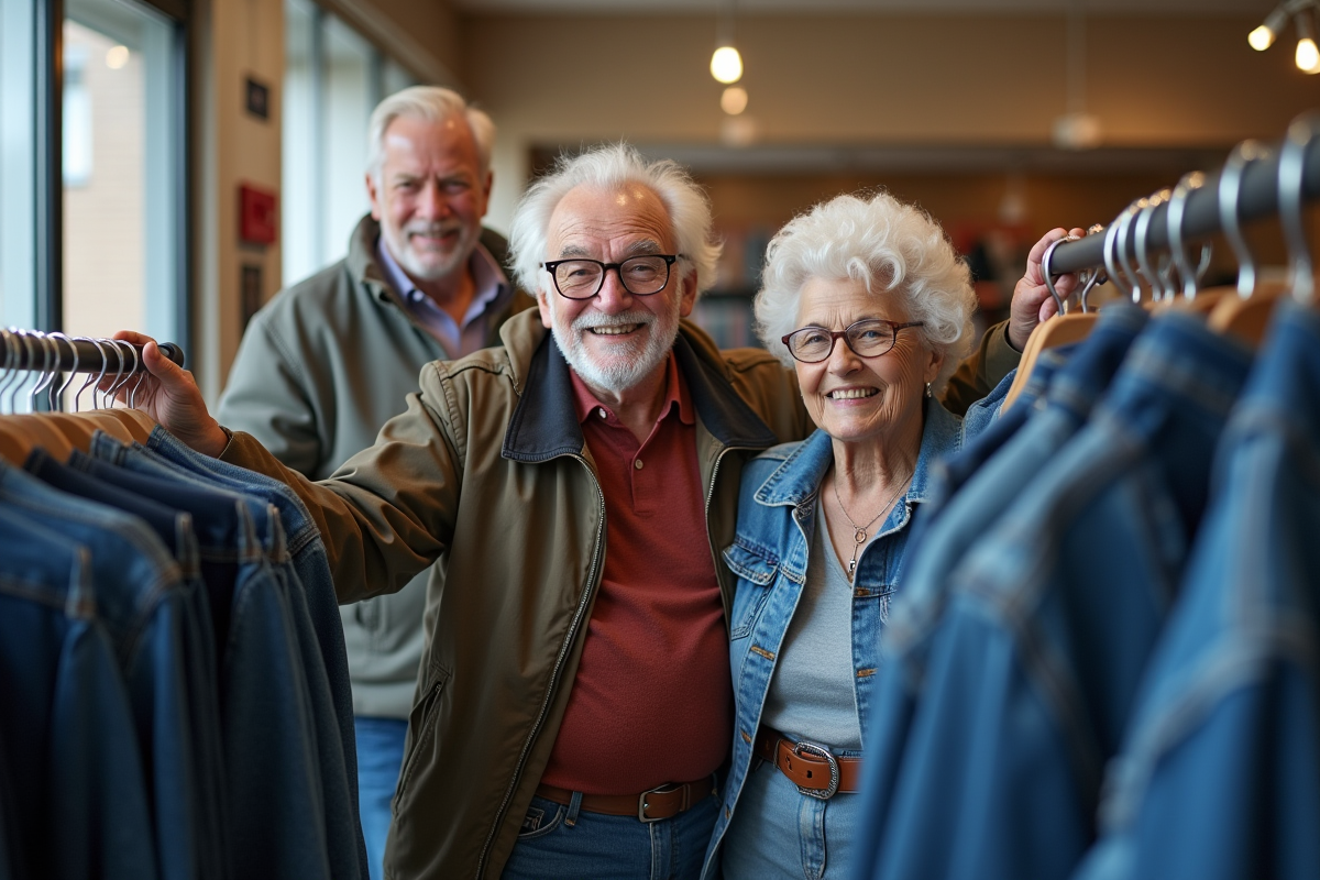 Groupe de seniors achetant des jeans en magasin lumineux