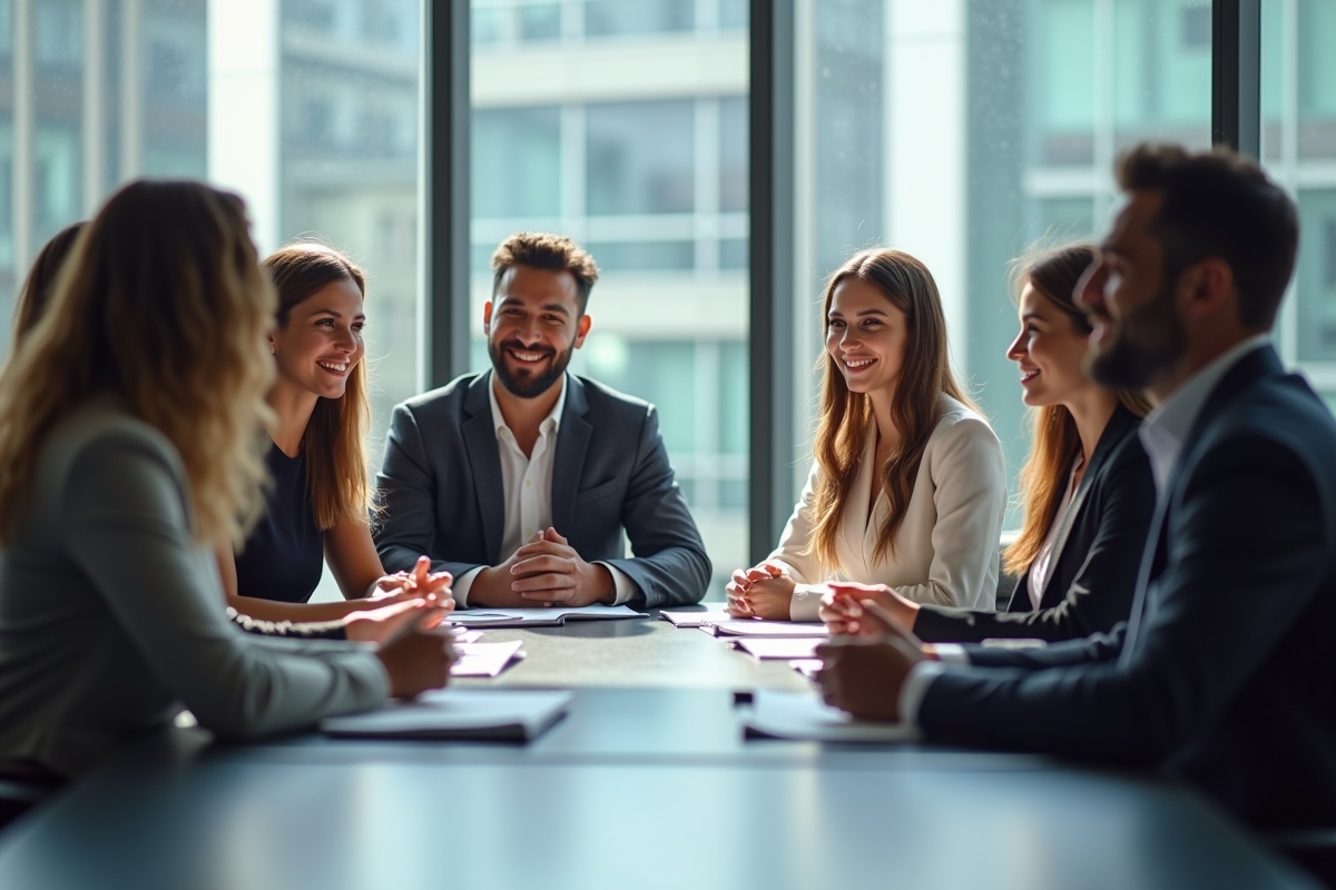 Groupe de professionnels confiants lors d'une réunion d'affaires