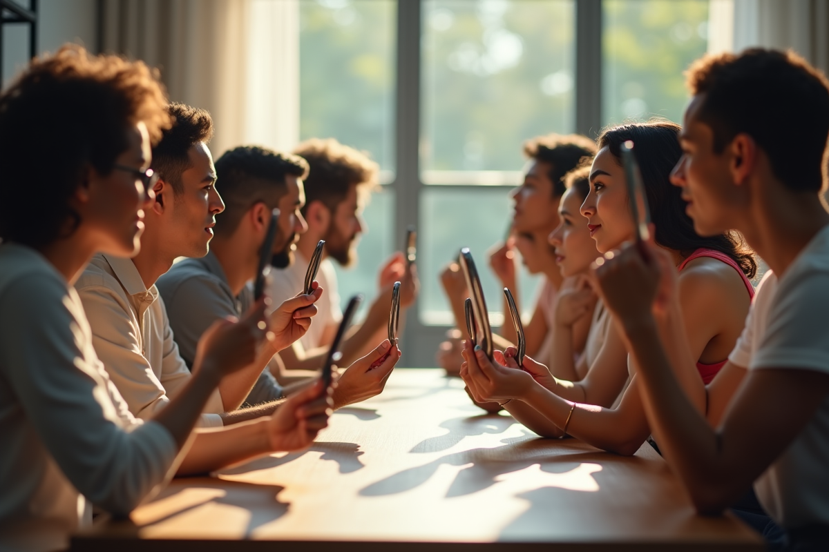 Groupe de personnes examinant leur visage avec des miroirs