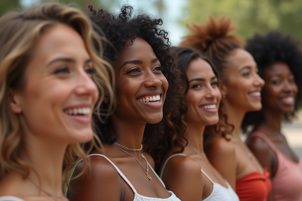 Groupe de femmes diverses souriant en extérieur en journée