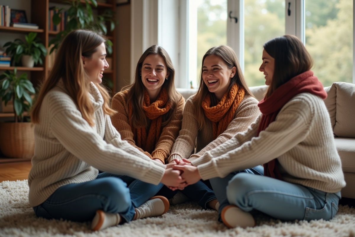 Quatre jeunes femmes rient ensemble dans un salon chaleureux