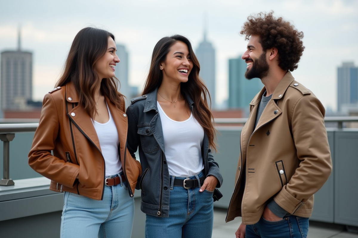 Trois jeunes modèles discutant sur un toit urbain en tenue décontractée
