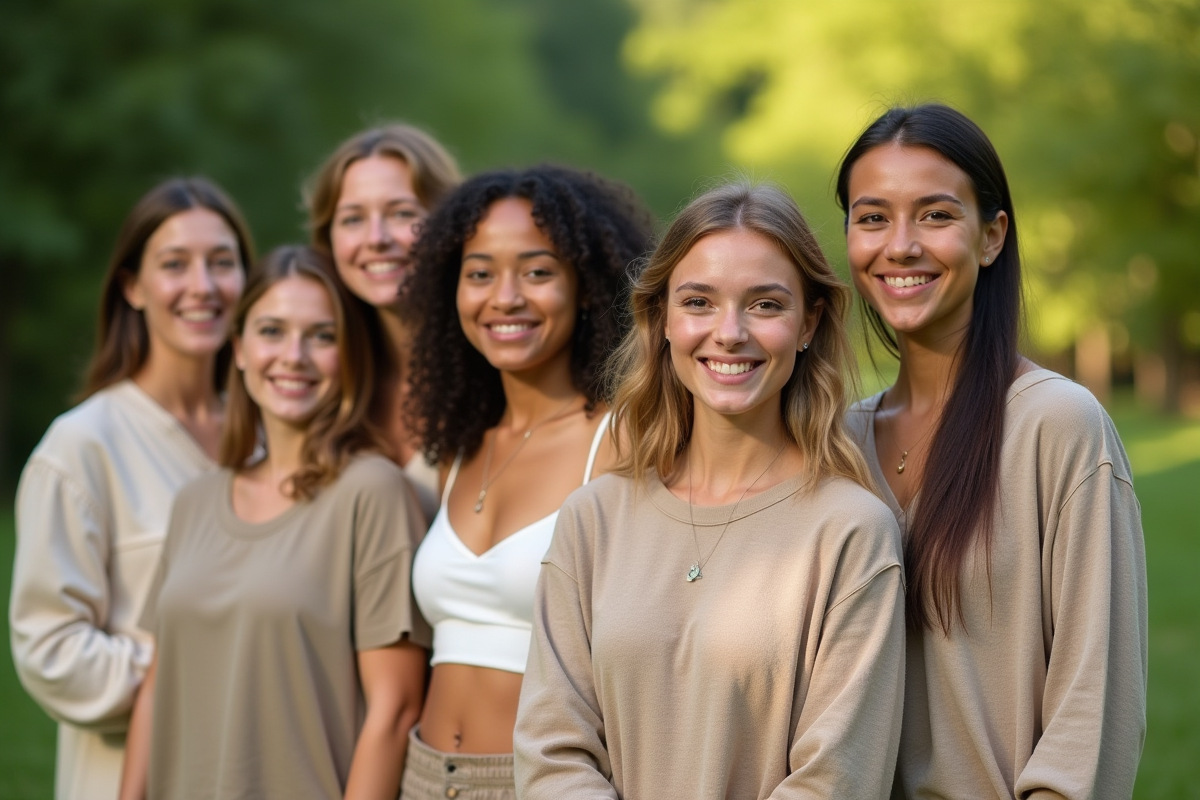 Groupe de personnes souriantes en extérieur avec vêtements naturels