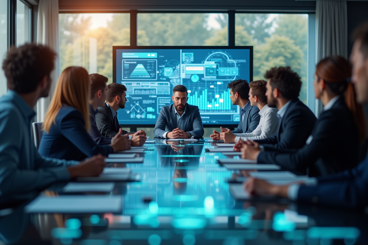 Groupe de professionnels autour d'une table moderne discutant de données futuristes