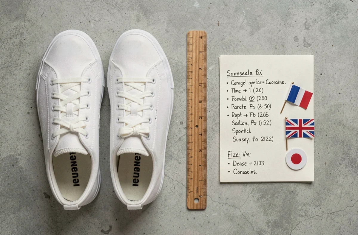 Vue en plongée d'une règle, sneakers et tableau de conversion de pointures internationales à plat