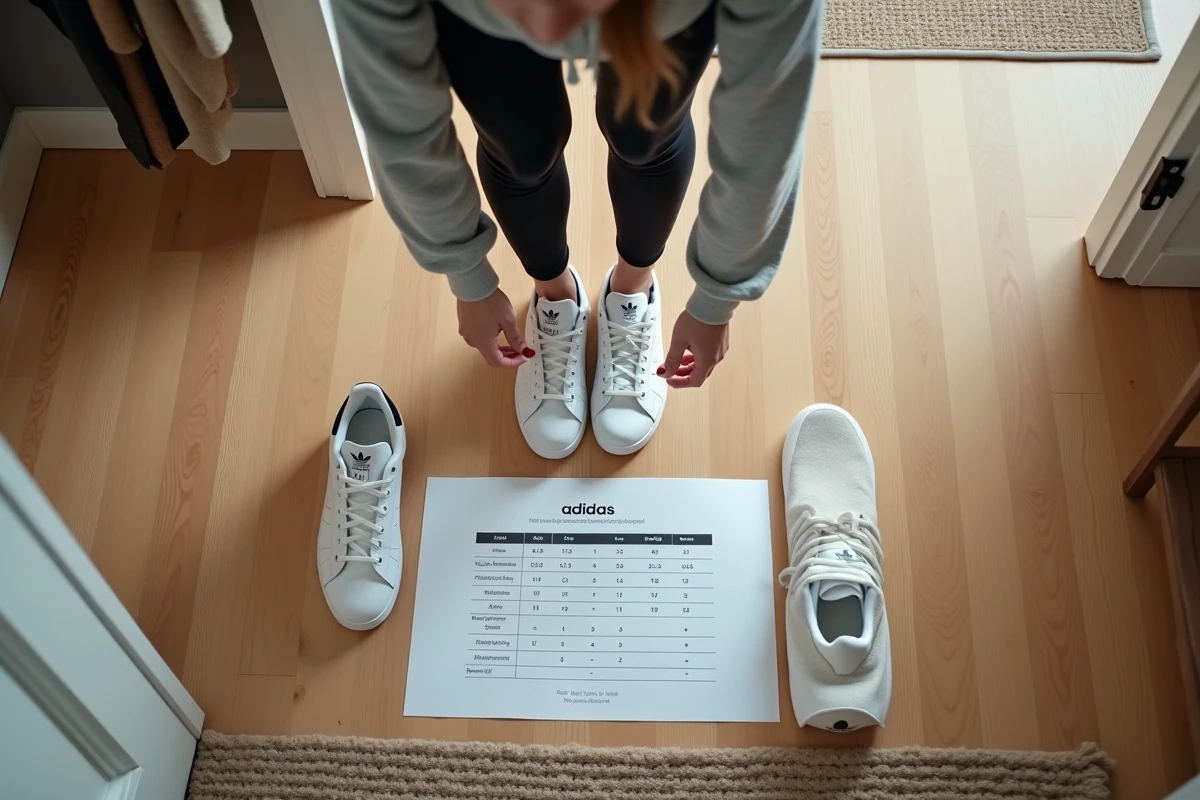 Femme mesurant son pied &agrave; c&ocirc;t&eacute; d'un guide des tailles Adidas avec des Stan Smith pour comparer le pointage