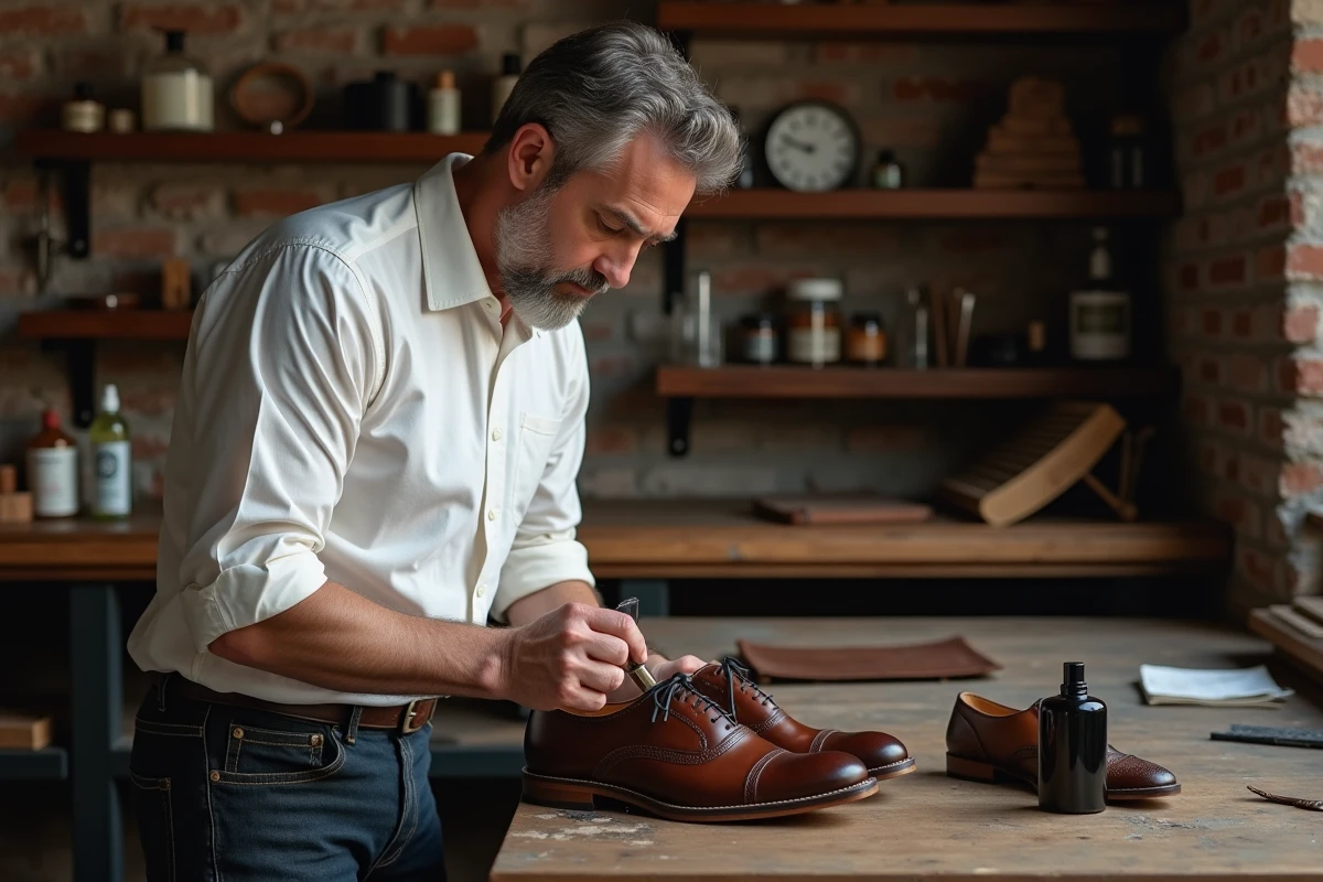 Homme appliquant de la teinture sur des chaussures en cuir