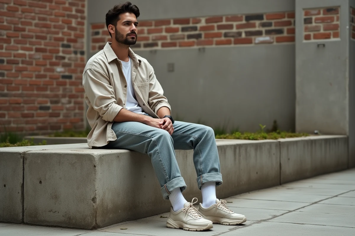 Homme assis en baggy jean gris clair avec revers retroussés et baskets en cuir dans une cour industrielle en brique brute