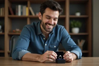 Homme souriant examinant une bague en argent dans un bureau à domicile