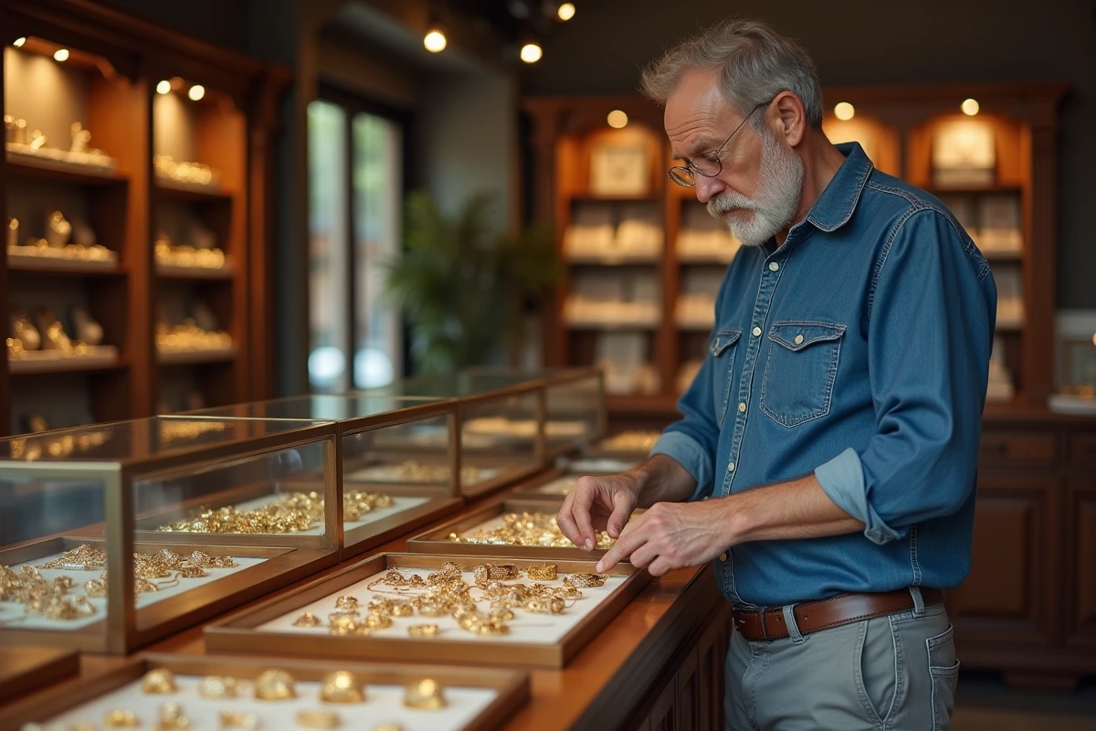 Homme regardant des bijoux en or dans une boutique locale