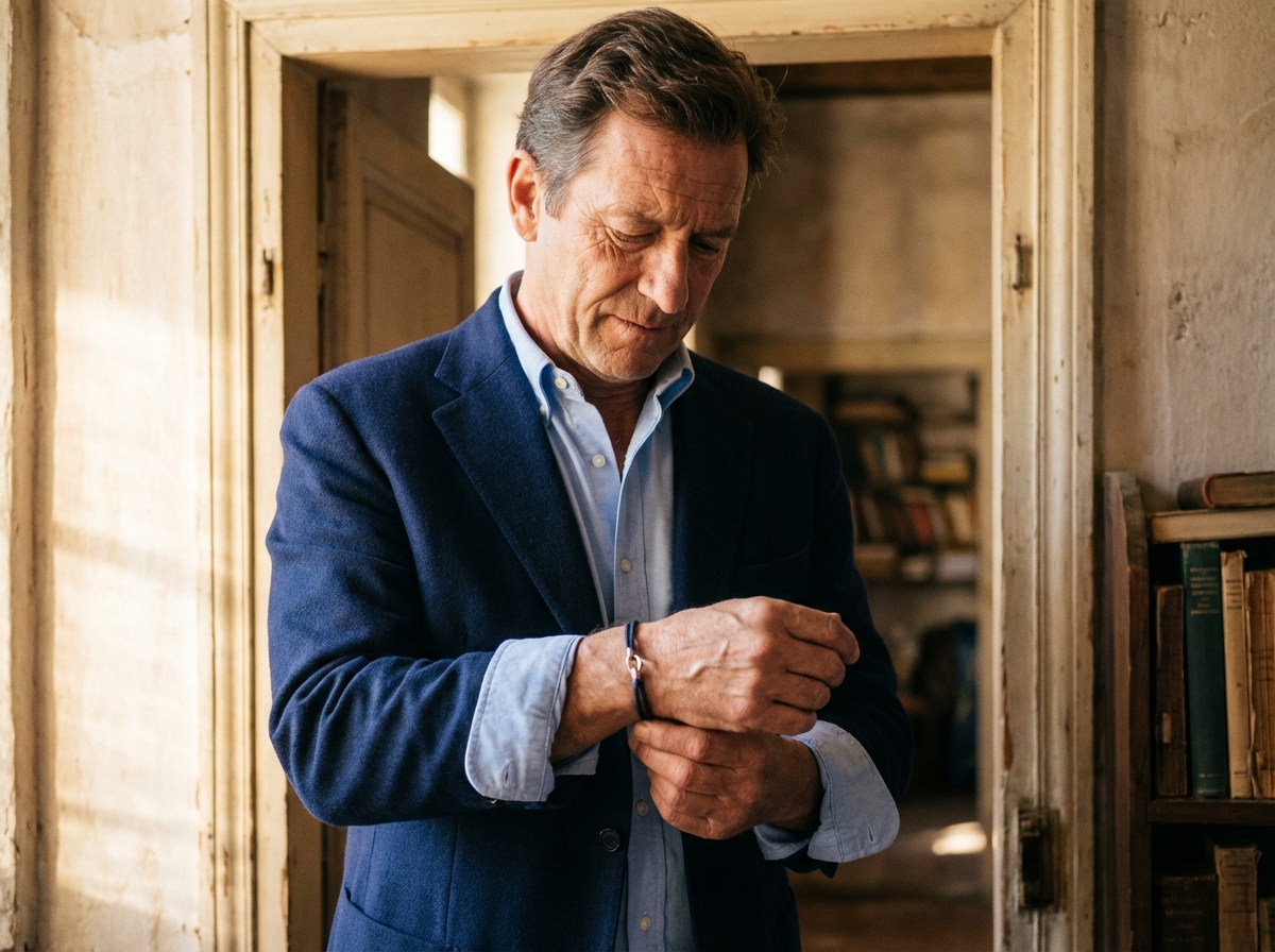 Homme posant son bracelet dans un int&eacute;rieur cosy