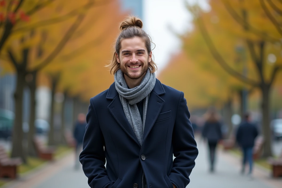 Homme souriant avec bun dans un parc urbain en ville