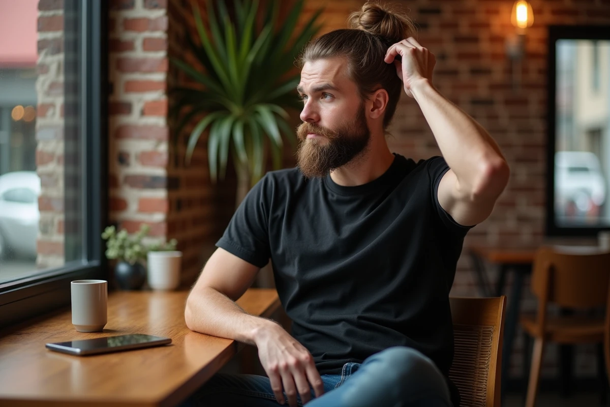 Homme barbu en café ajustant son bun avec style