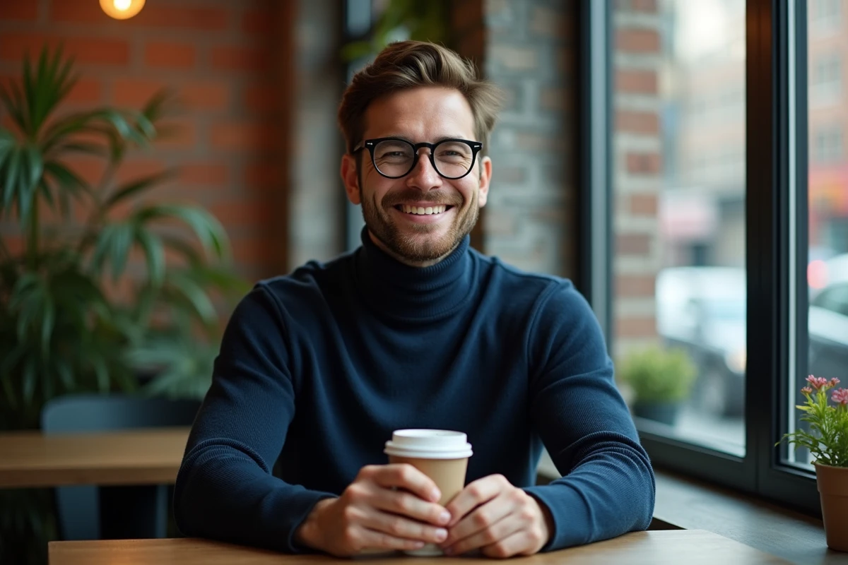 Jeune homme au café portant des lunettes rondes