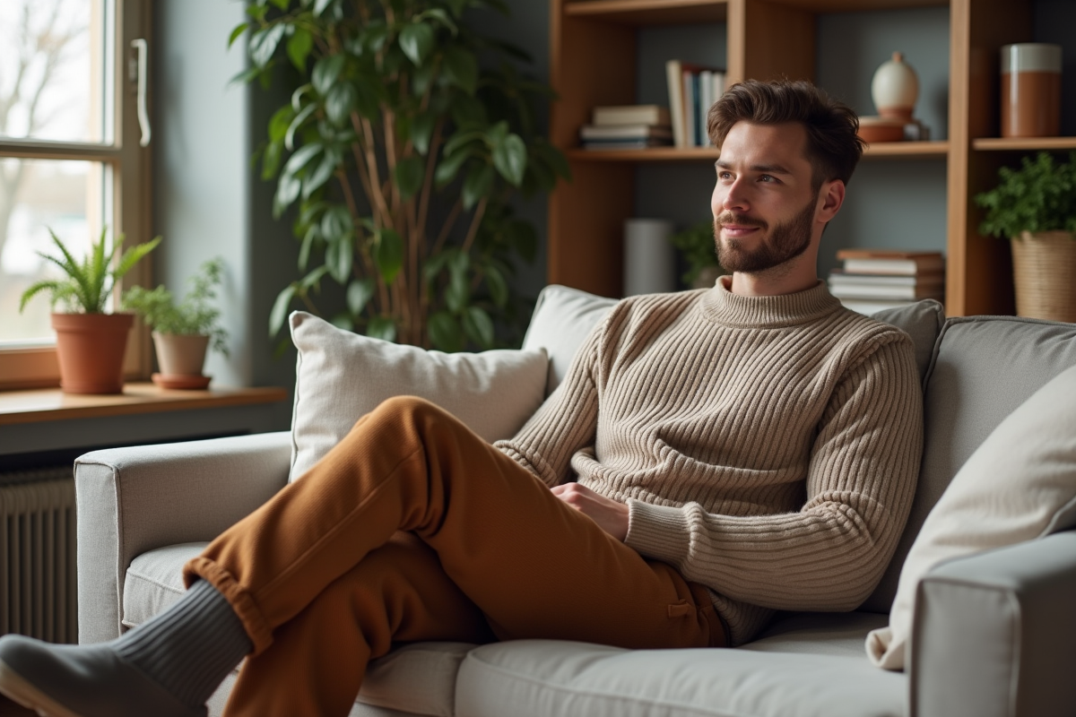 Homme détendu dans un salon cosy en hiver