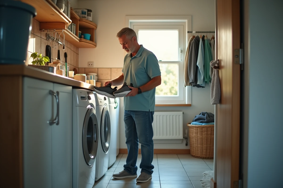 Homme vérifie le panneau de la machine à laver avec des chaussures de sport