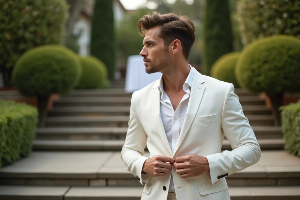 Jeune homme en costume lin dans un jardin
