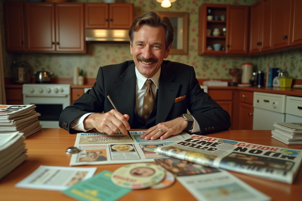 Homme créant un collage publicitaire dans une cuisine rétro