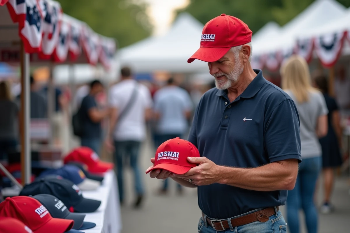 Homme d'une cinquantaine d'années examinant une casquette rouge brodée à un stand de merchandising politique en plein air