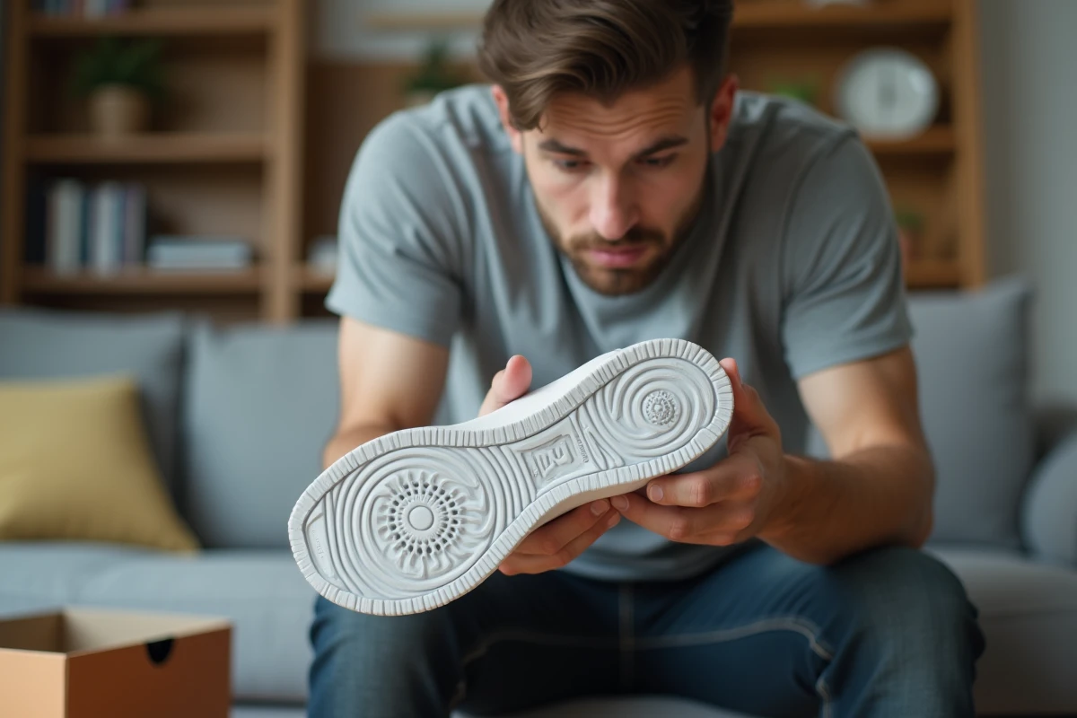 Homme examinant attentivement la semelle d'une Nike pour détecter une contrefaçon dans son salon