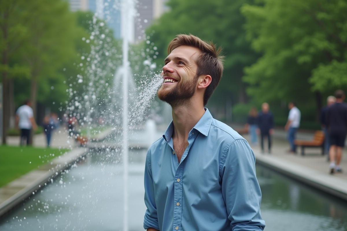 Homme rafraichissant son visage avec brumisateur