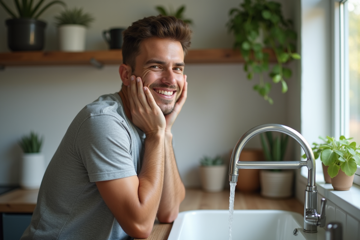 Jeune homme se lavant le visage dans une cuisine chaleureuse