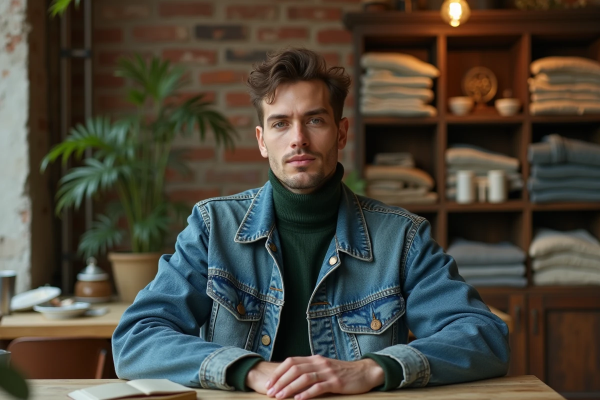 Homme en veste en jean vintage des années 90 et col roulé neuf assis dans une boutique vintage tendance 2026