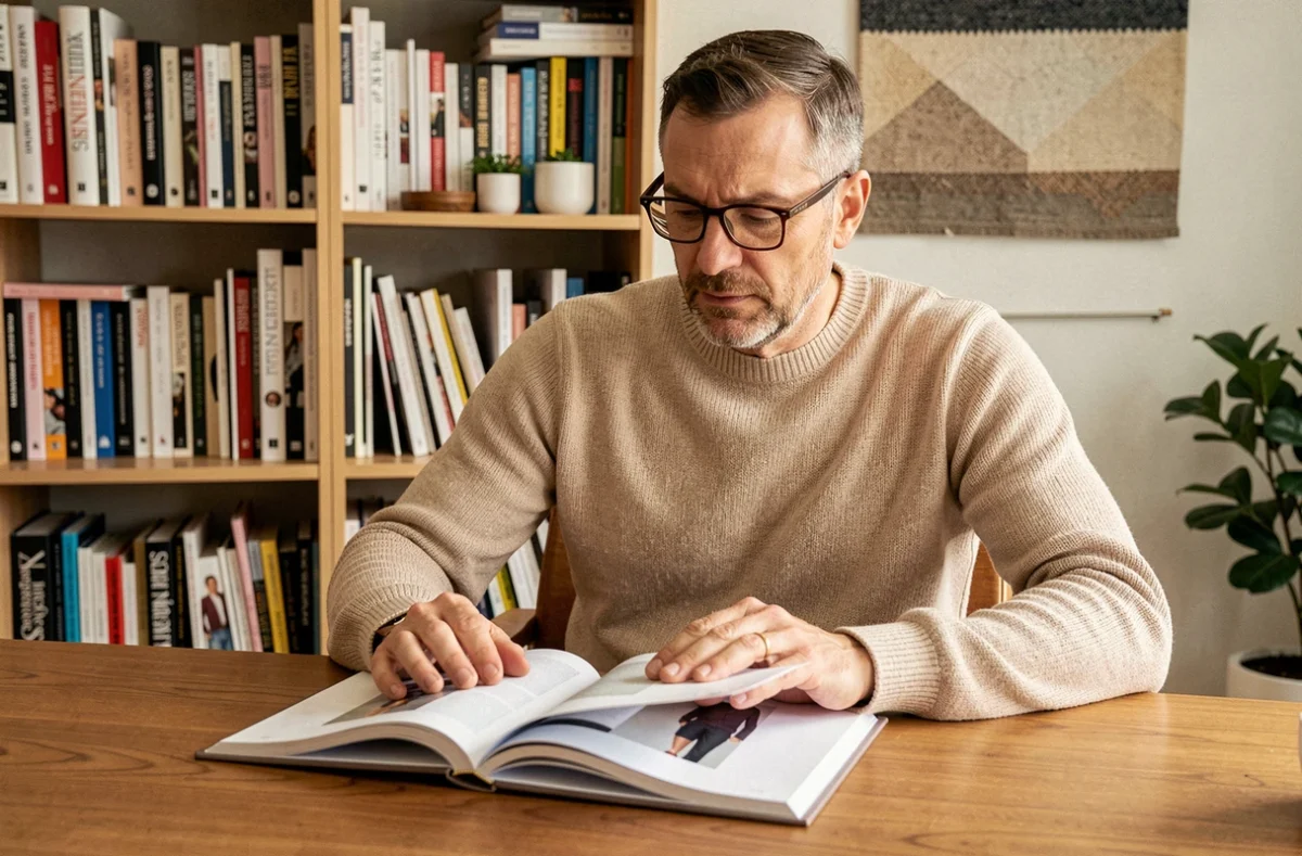 Homme consultant un lookbook de mode à son bureau, illustrant la recherche et la compréhension des catégories de vêtements comme Sonstiges Clothing