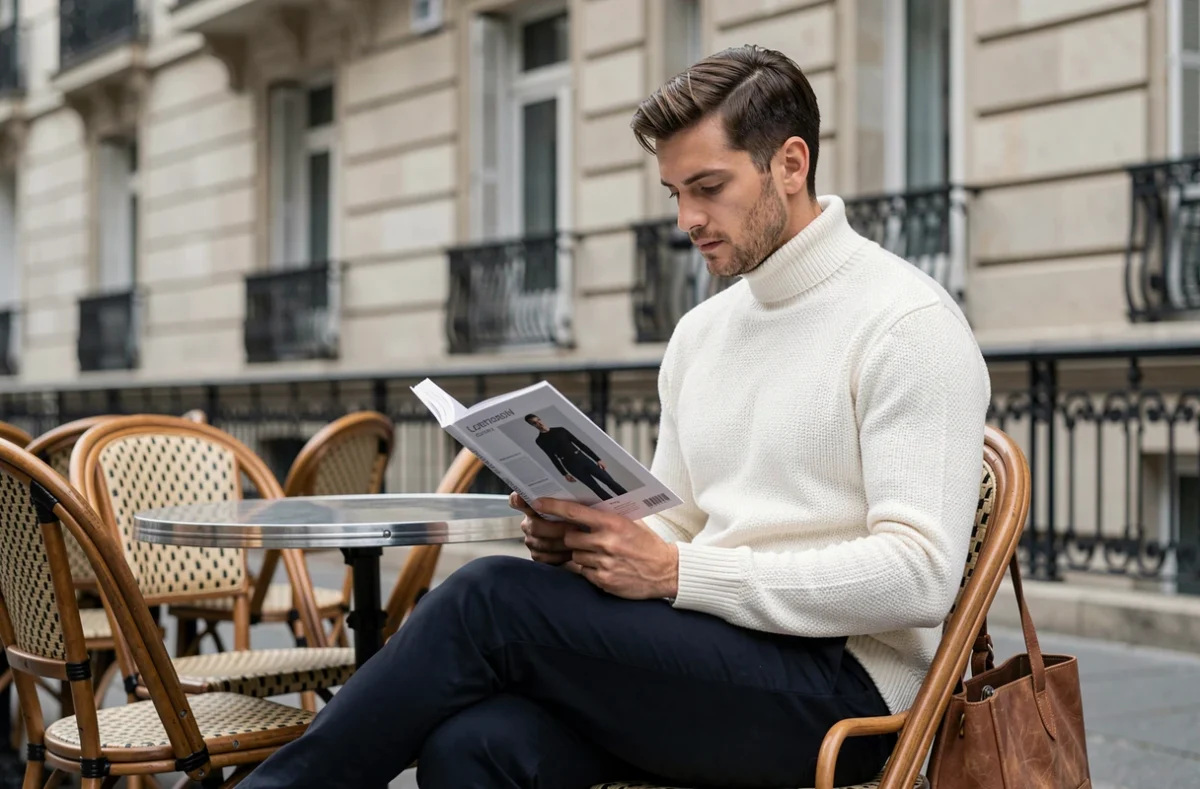 Homme parcourant un lookbook de mode dans un café en terrasse à Paris avec façade haussmannienne en arrière-plan