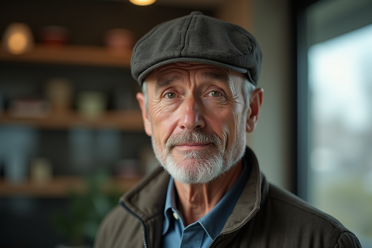 Homme mature avec un chapeau dans un intérieur lumineux