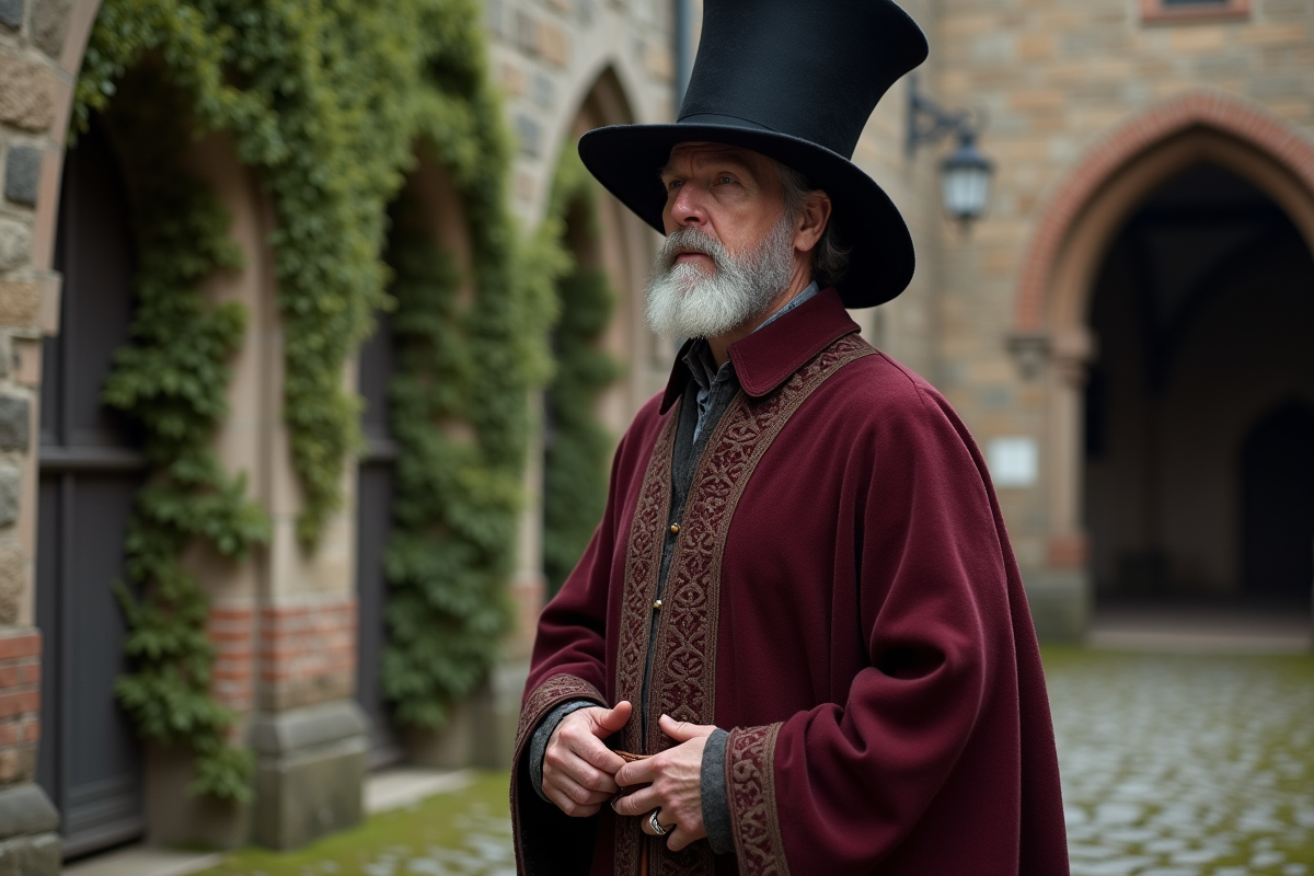 Homme médiéval en robe burgundy et chaperon noir