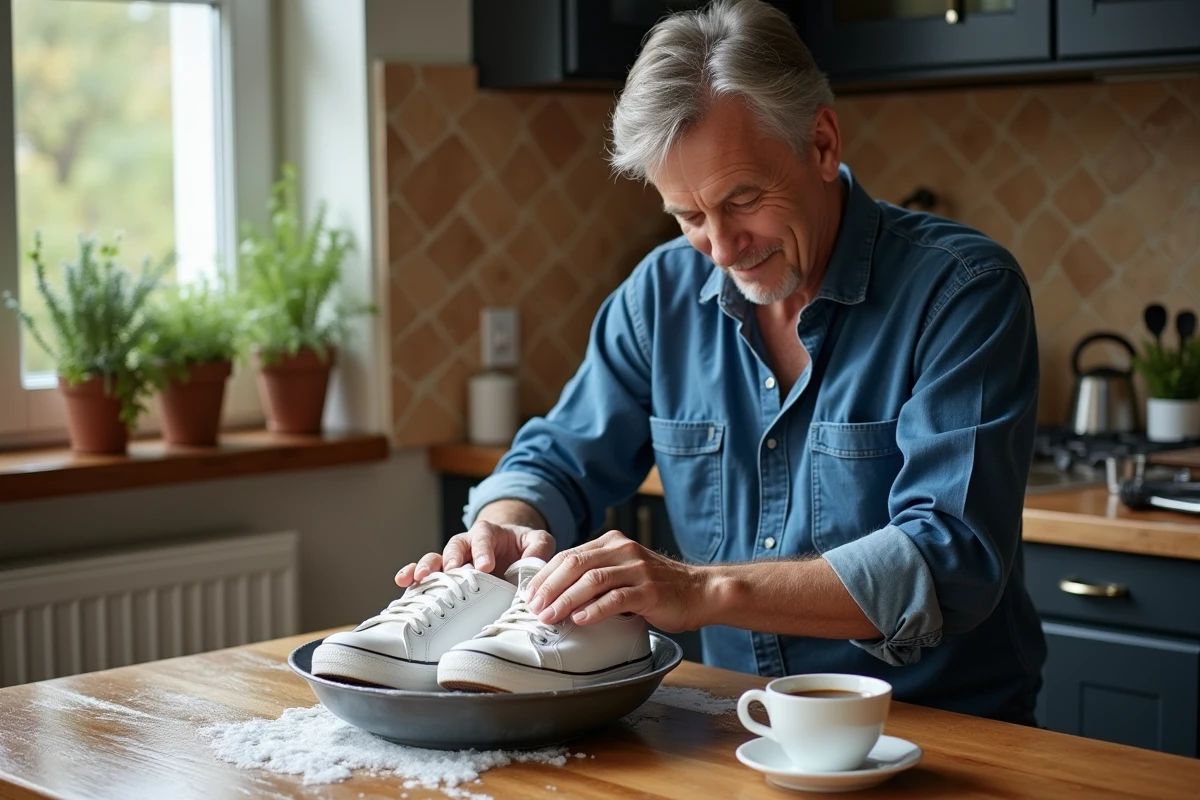 Homme nettoie des sneakers blancs dans la cuisine