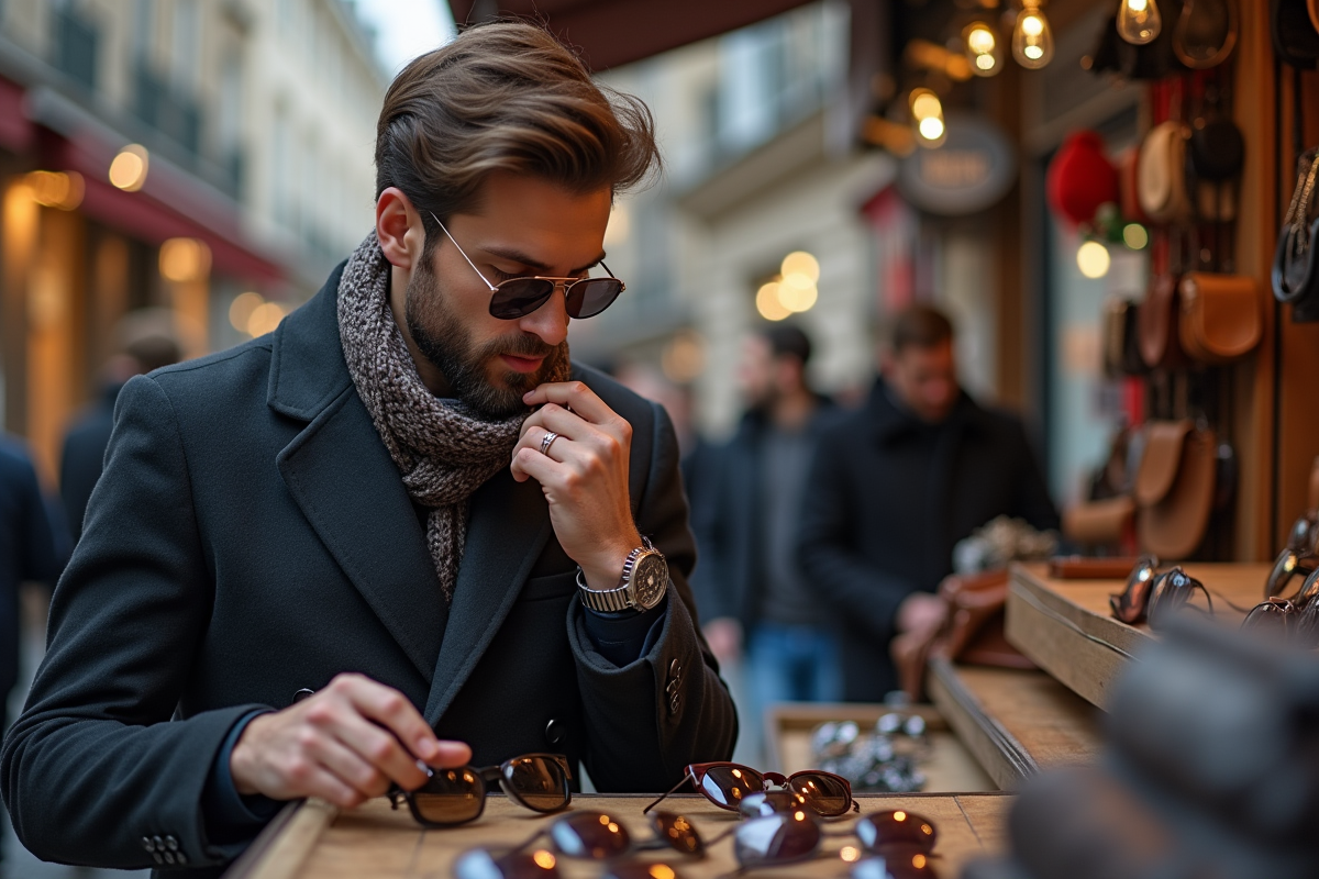 Homme en manteau et écharpe choisissant des lunettes au marché parisien