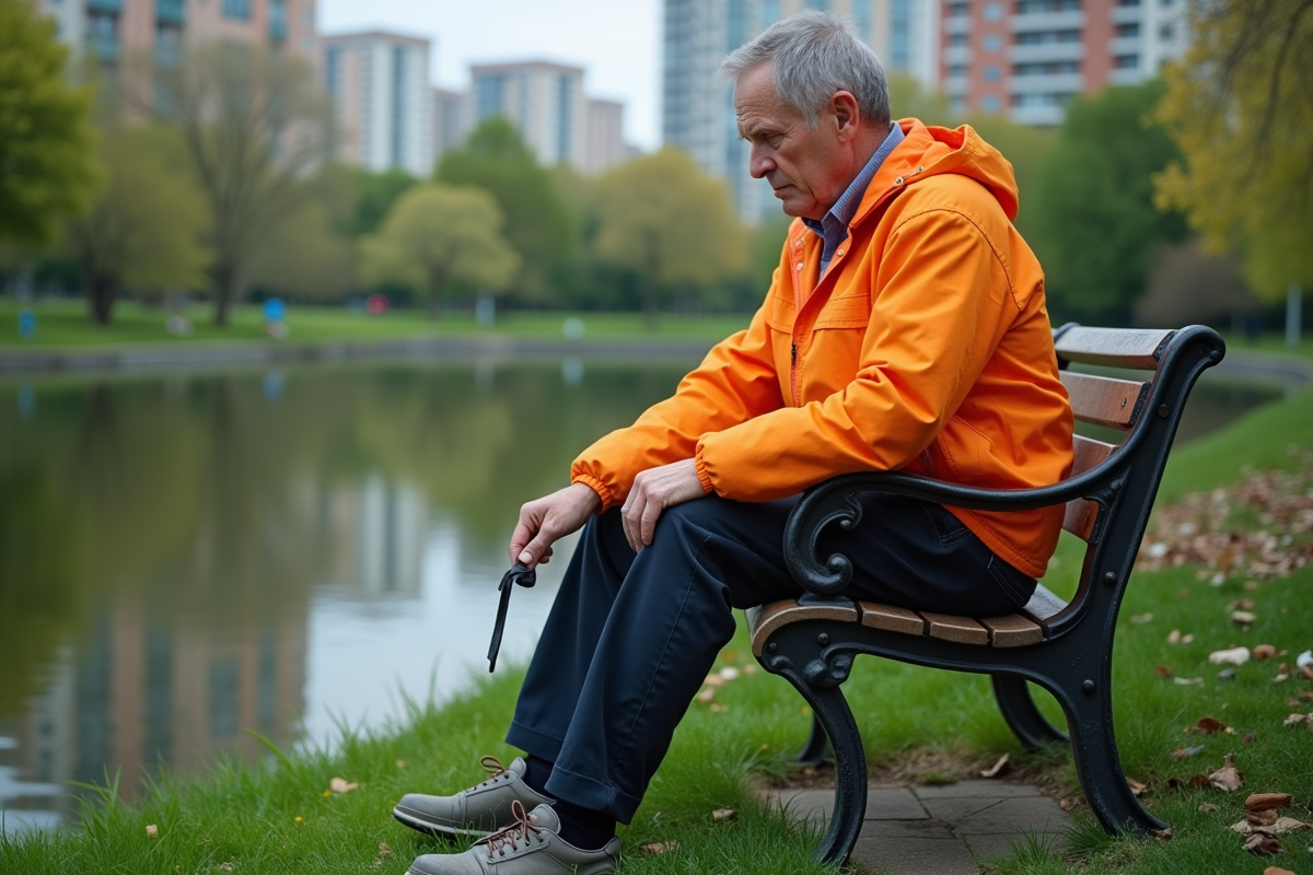 Homme en windbreaker polyester assis sur un banc près d’un étang