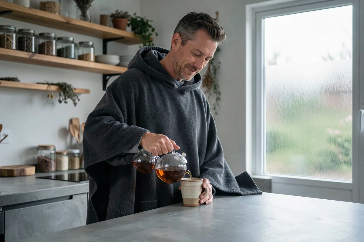 Homme en poncho polaire gris anthracite préparant du thé dans une cuisine moderne en béton et bois, ambiance intérieure décontractée et chaleureuse