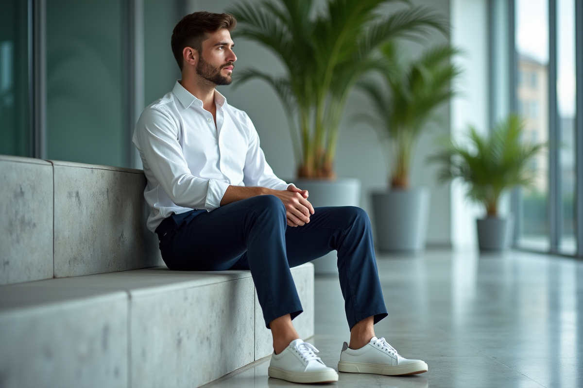 Jeune homme en pantalon navy dans un espace de bureau moderne