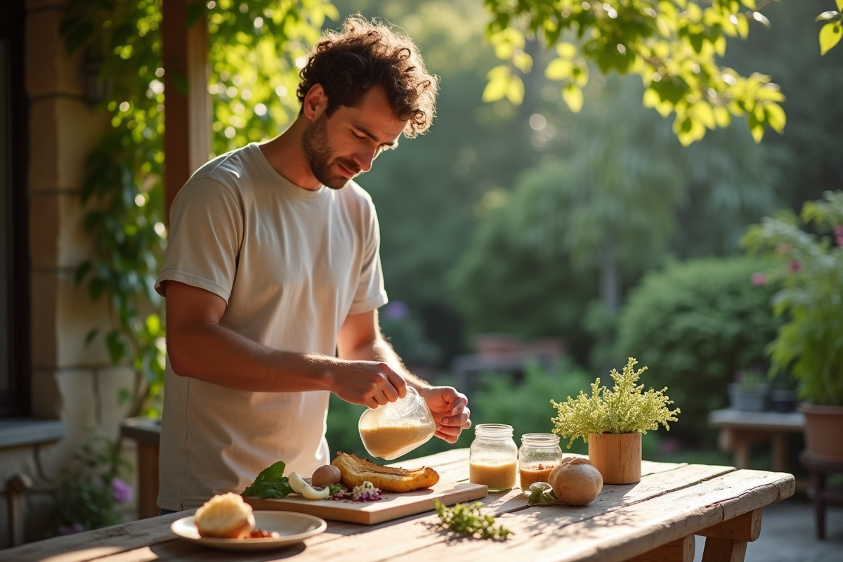 Homme versant gommage corporel dans un jardin ensoleille