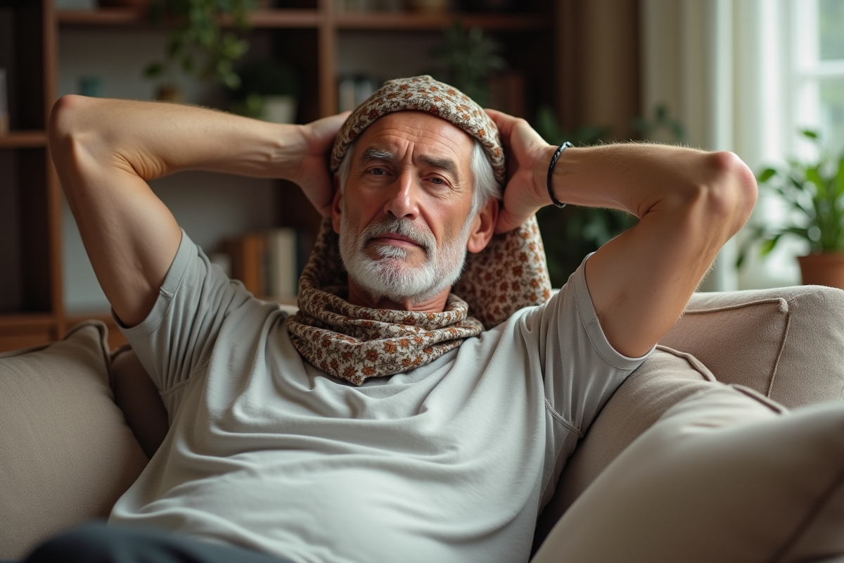 Homme d age ajustant un foulard en soie dans un salon calme
