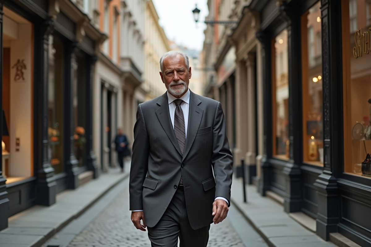 Homme d âge marche dans une rue chic avec boutiques anciennes
