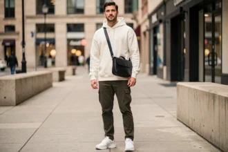 Homme en streetwear portant une sacoche en cuir noir en bandoulière sur un trottoir urbain